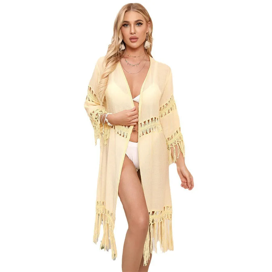 Hand-crocheted acrylic cardigan with tassels in yellow, water green or white for beach cover-up