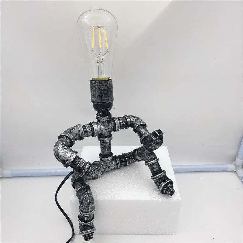 Industrial retro table lamp with iron pipe robot water pipe design and vintage metal lamp holder