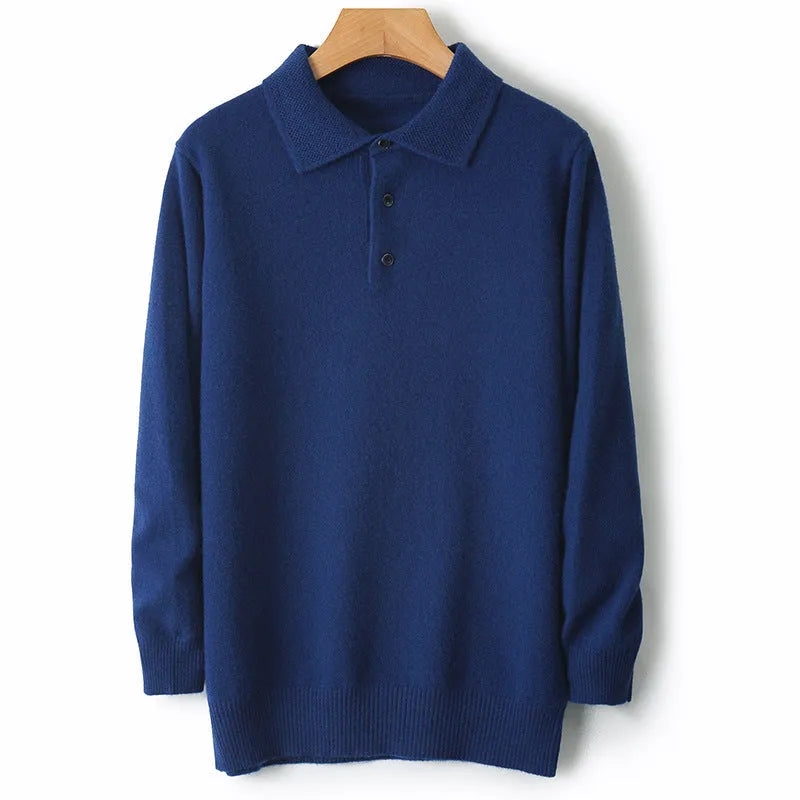 Men's woolen polo collar pullover sweater in noble blue colour on a hanger.