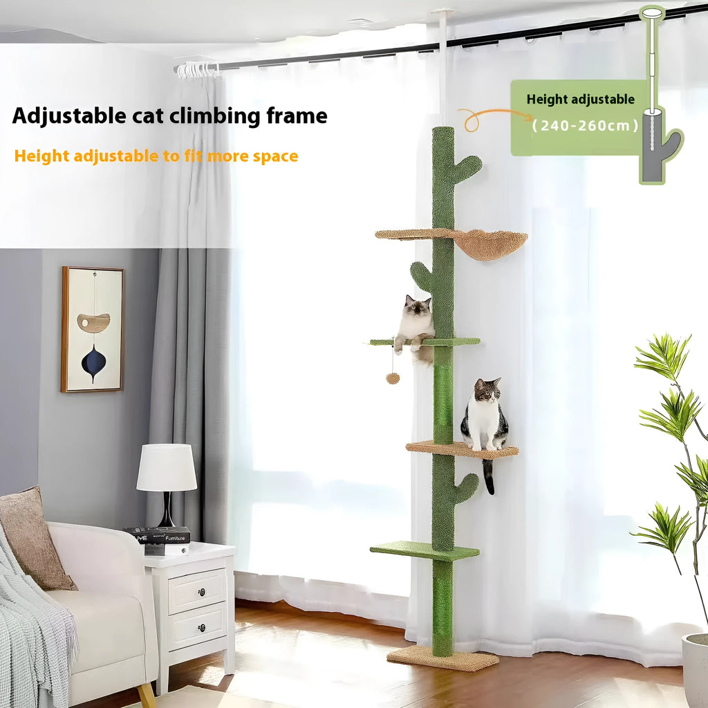 Solid wood cat climbing frame with integrated scratch board measuring 240-260cm tall