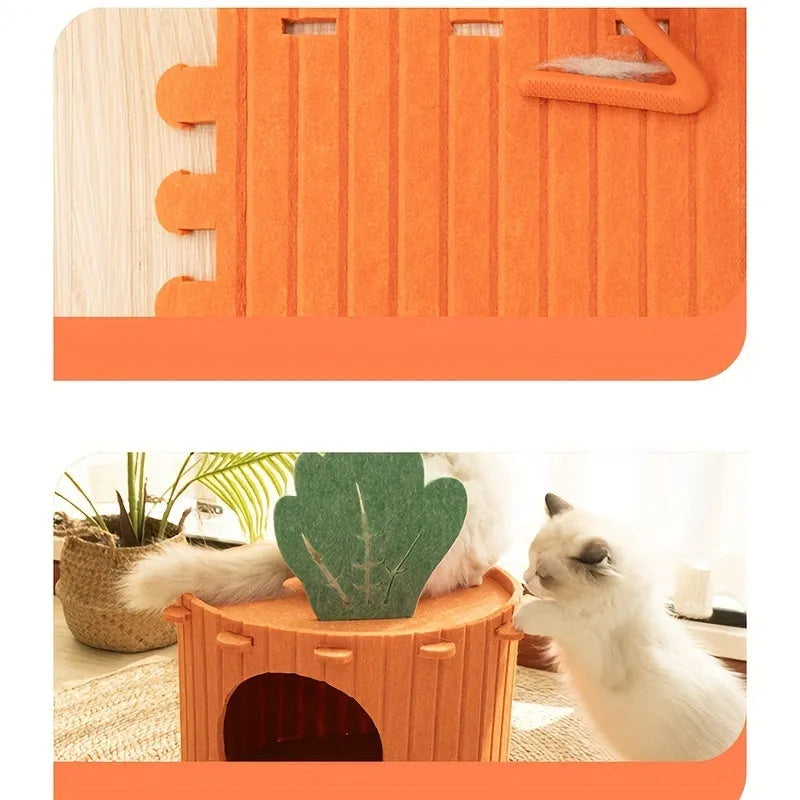 Carrot-shaped soft grey felt cat tunnel with openings, shown in two size options for indoor cats.