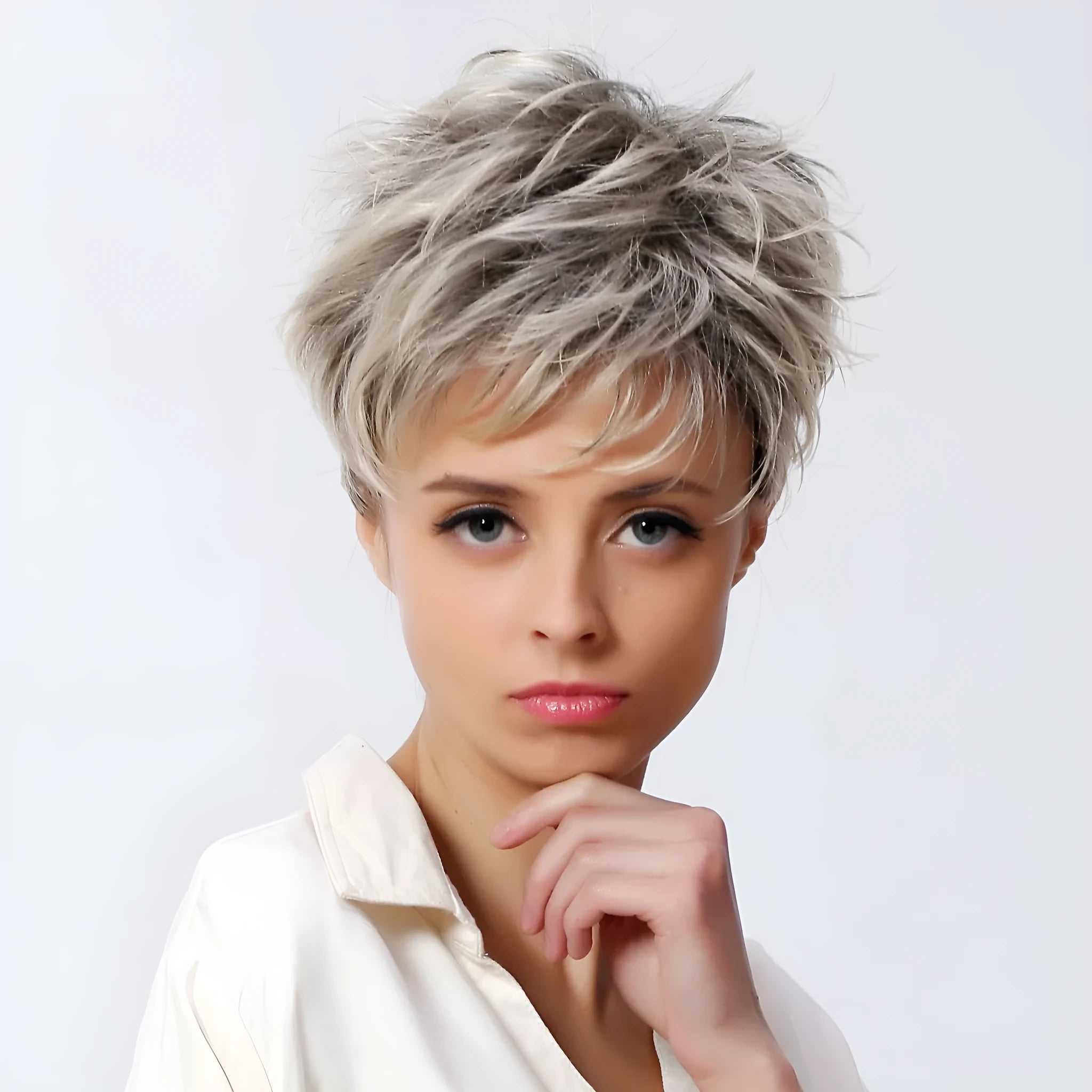 White short hair set with flower detail, 8 inch length, full mechanism construction, 90g
