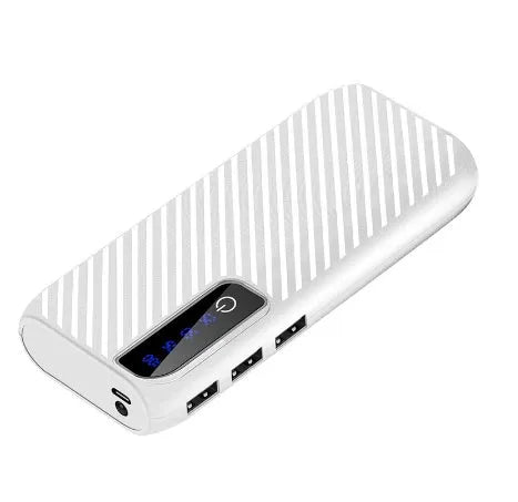 20000mAh mini power bank in black, blue, pink, or white, showing compact size and USB ports.