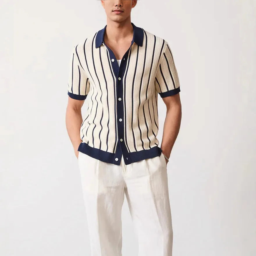 Men's white short sleeve knitted t-shirt with a lapel and asymmetric design detail.