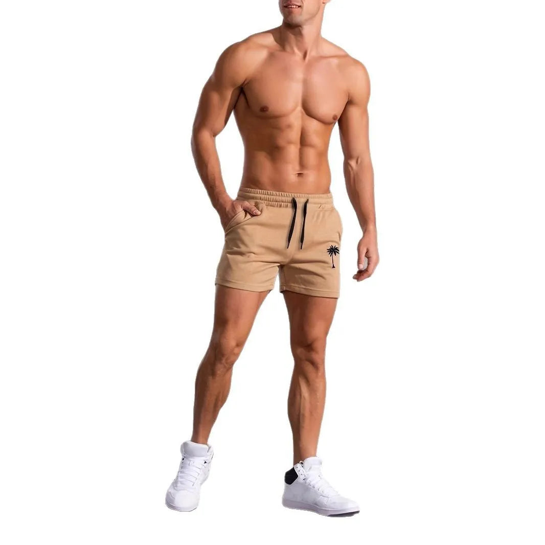 Man wearing khaki coconut print polyester sports shorts