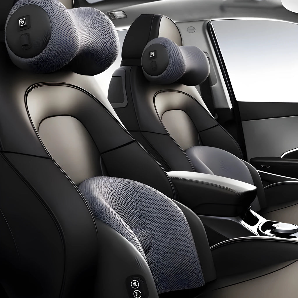 Car seat massage cushion with memory foam headrest and lumbar support in black, brown or gray
