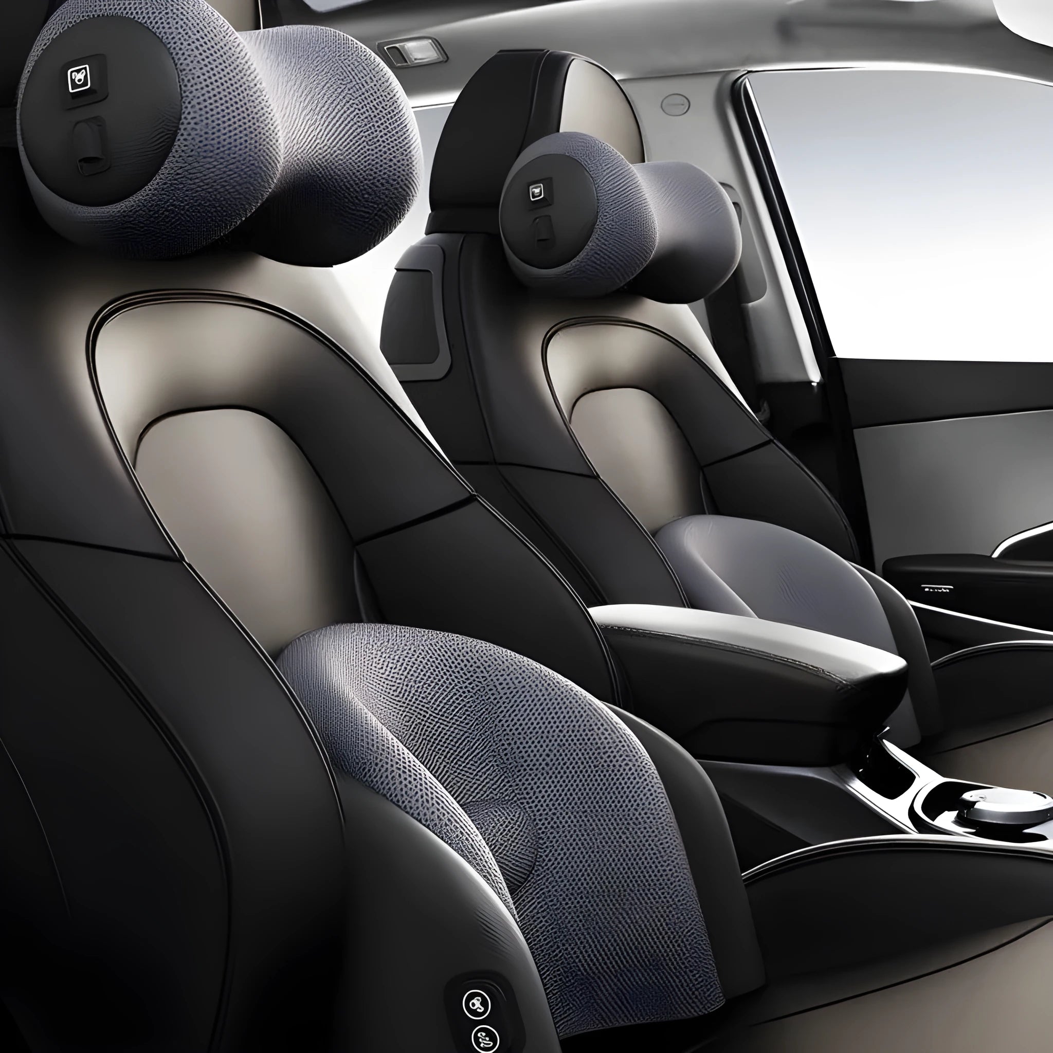 Car seat massage cushion with memory foam headrest and lumbar support in black, brown or gray