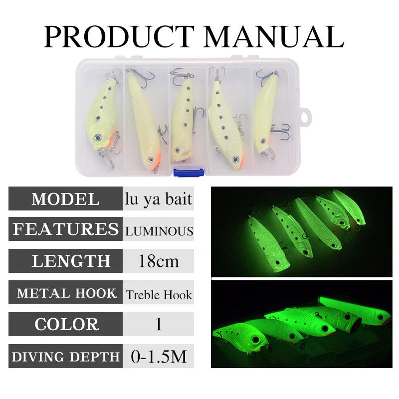 Set of five 3D fluorescent simulation luminous hard bait fishing lures for sub-surface fishing