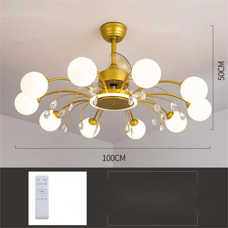 Modern black and gold ceiling fan chandelier with light bulbs and metal blades, remote control.