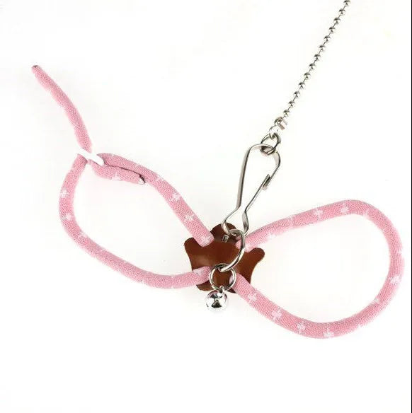 Pink hamster training traction rope harness with adjustable nylon neck and chest loops and small bell on 60cm lead