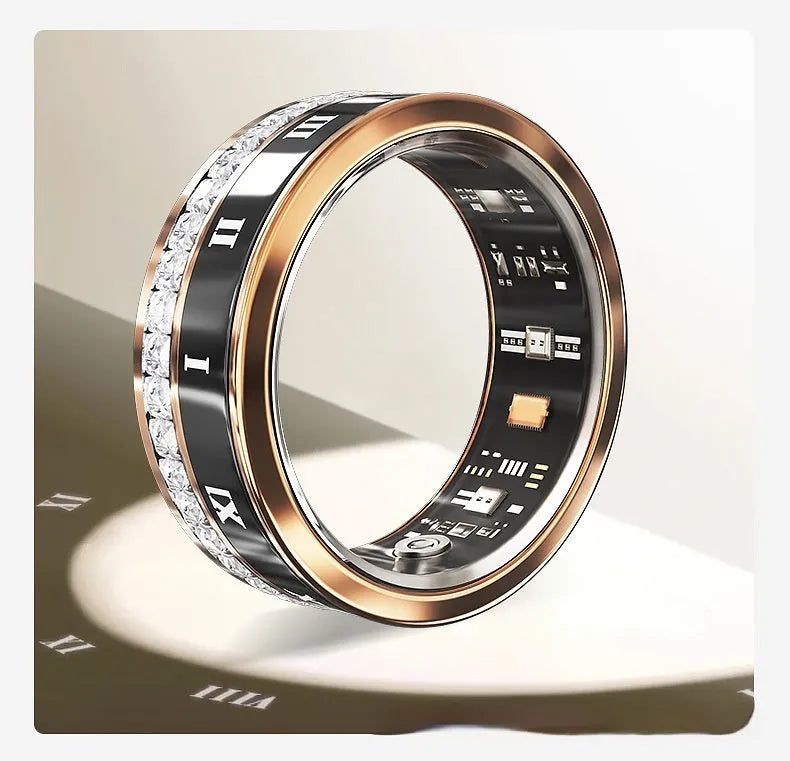 Diamond-inlaid smart ring with blood oxygen monitoring in gold and silver colour options