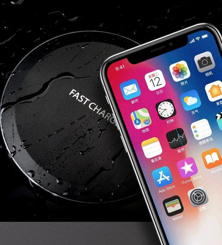 Ultra-thin wireless charger pad in black with LED indicator light and USB cable