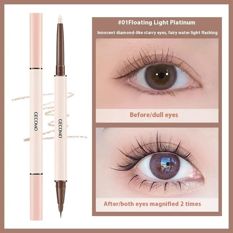 Stereoscopic star eyes double-headed silkworm pen eyeliner in pearlescent floating platinum and born nude apricot colours
