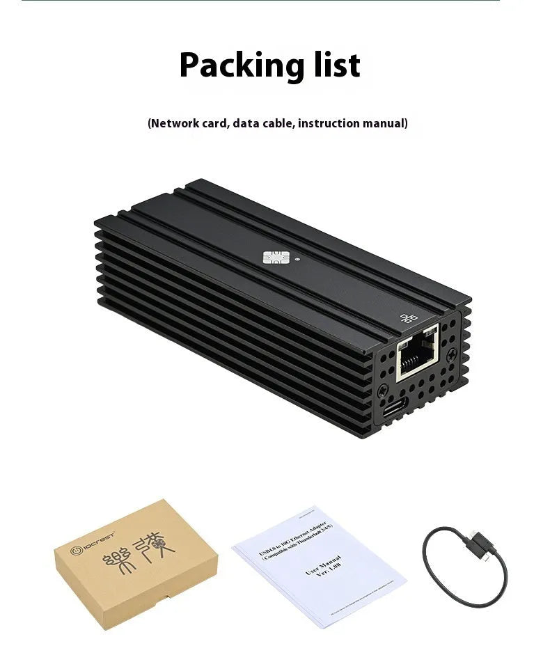 Black Leyu USB4 to 10 Gigabit Ethernet network adapter with RJ45 port and short cable.