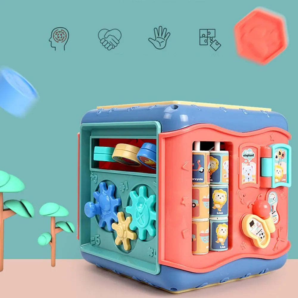 Baby educational hexahedron cube with six activity sides including bead maze and clock