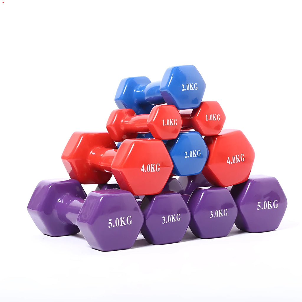Colourful plastic fitness dumbbells in bright colours with glossy surface for home exercise