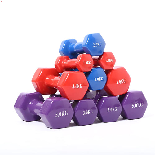 Colourful plastic fitness dumbbells in bright colours with glossy surface for home exercise