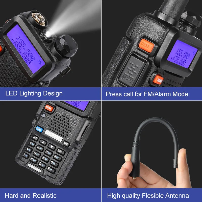Compact black handheld VHF UHF walkie talkie with antenna, LCD screen, and keypad.