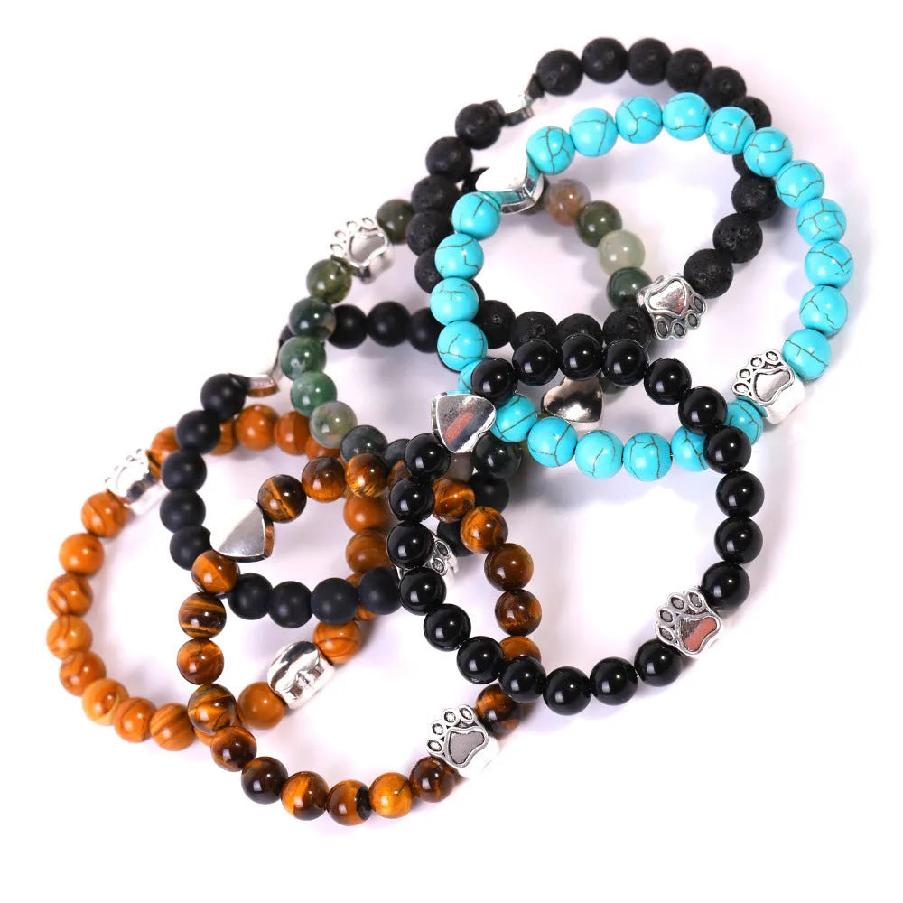 Indian agate stone bracelet with geometric dog's paw charm and heart detail on round beads