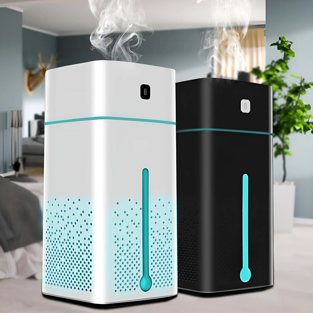 Black and white desktop humidifier measuring 103mm x 103mm x 218mm with 1000ml water capacity