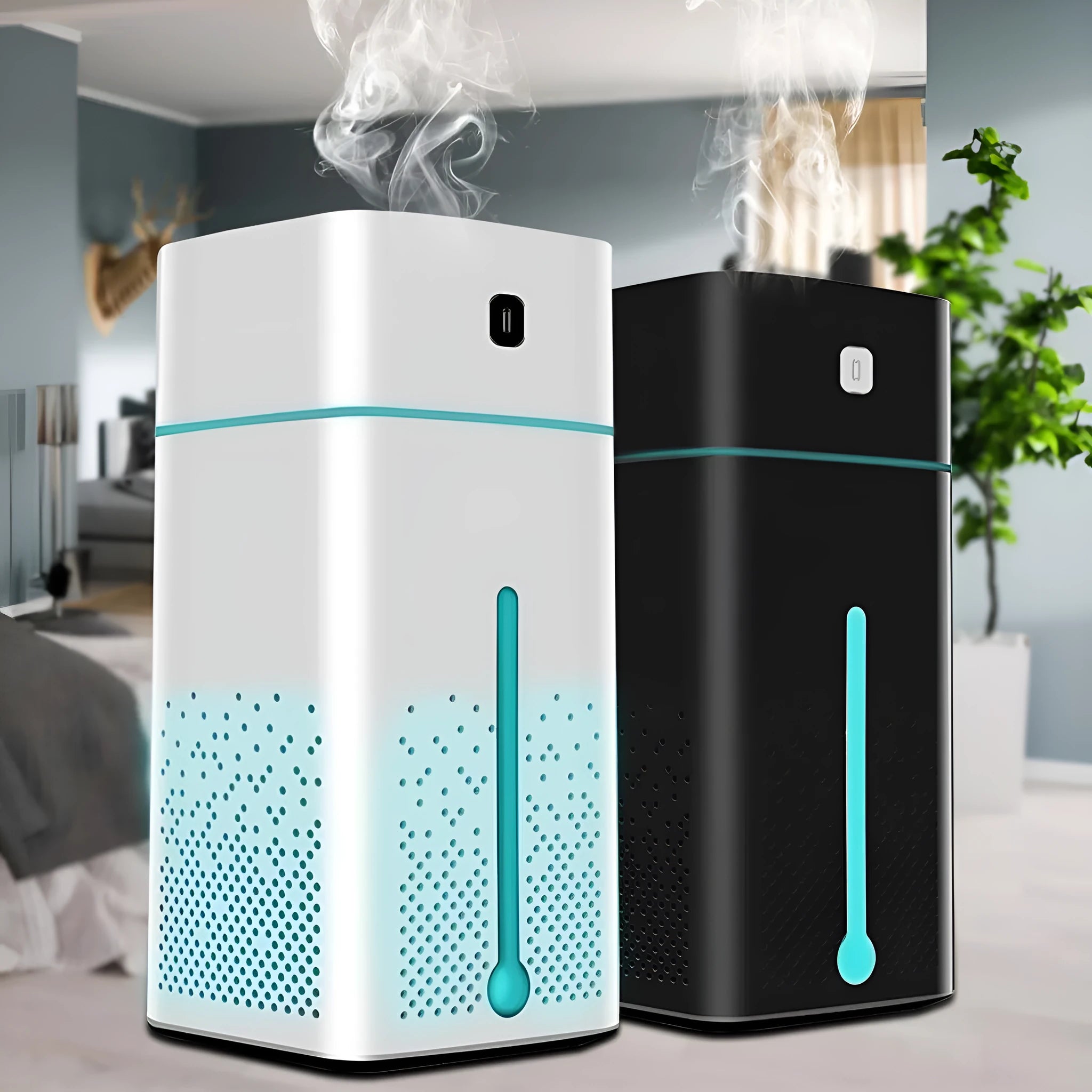 Black and white desktop humidifier measuring 103mm x 103mm x 218mm with 1000ml water capacity