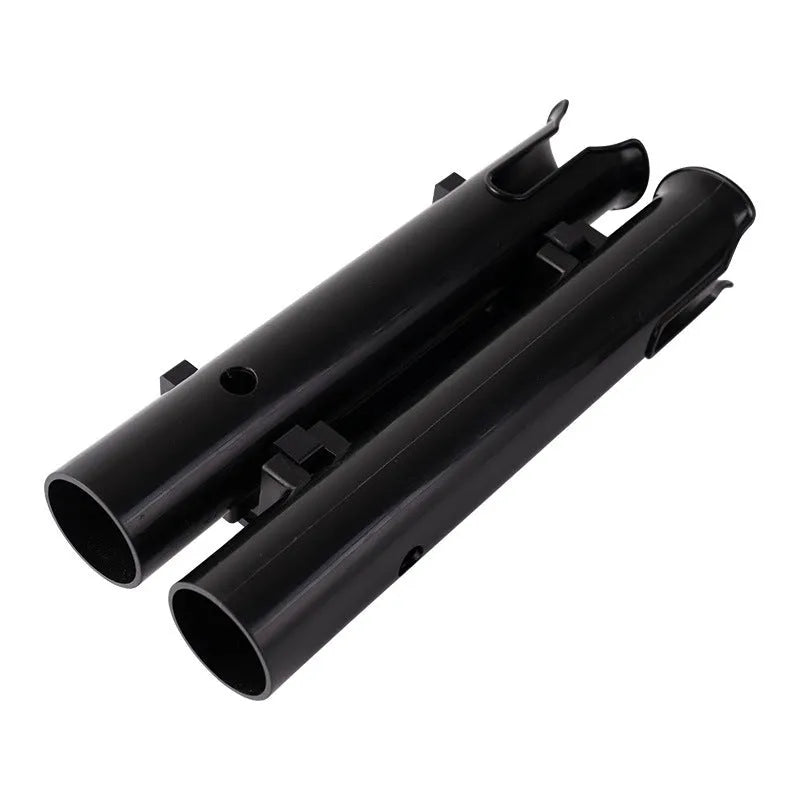 Plastic fishing rod rack with double-layer frame for mounting to bicycle or motorcycle handlebars.