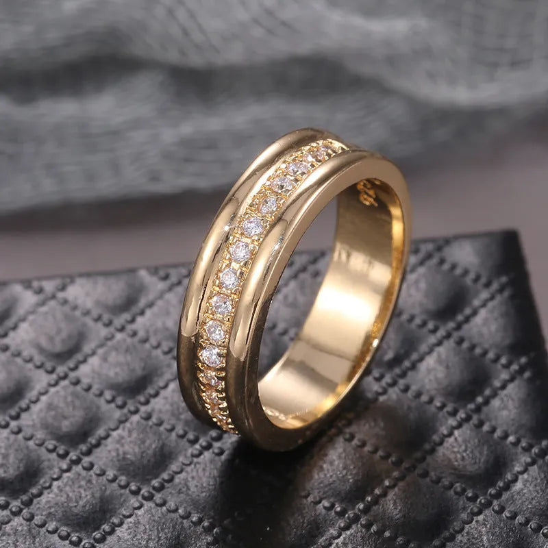 Copper ring with gold plating and inlaid zircon stones geometric design gold colour