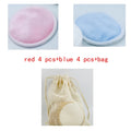 Velvet makeup remover pad set with red and blue pads in cotton mesh storage bag