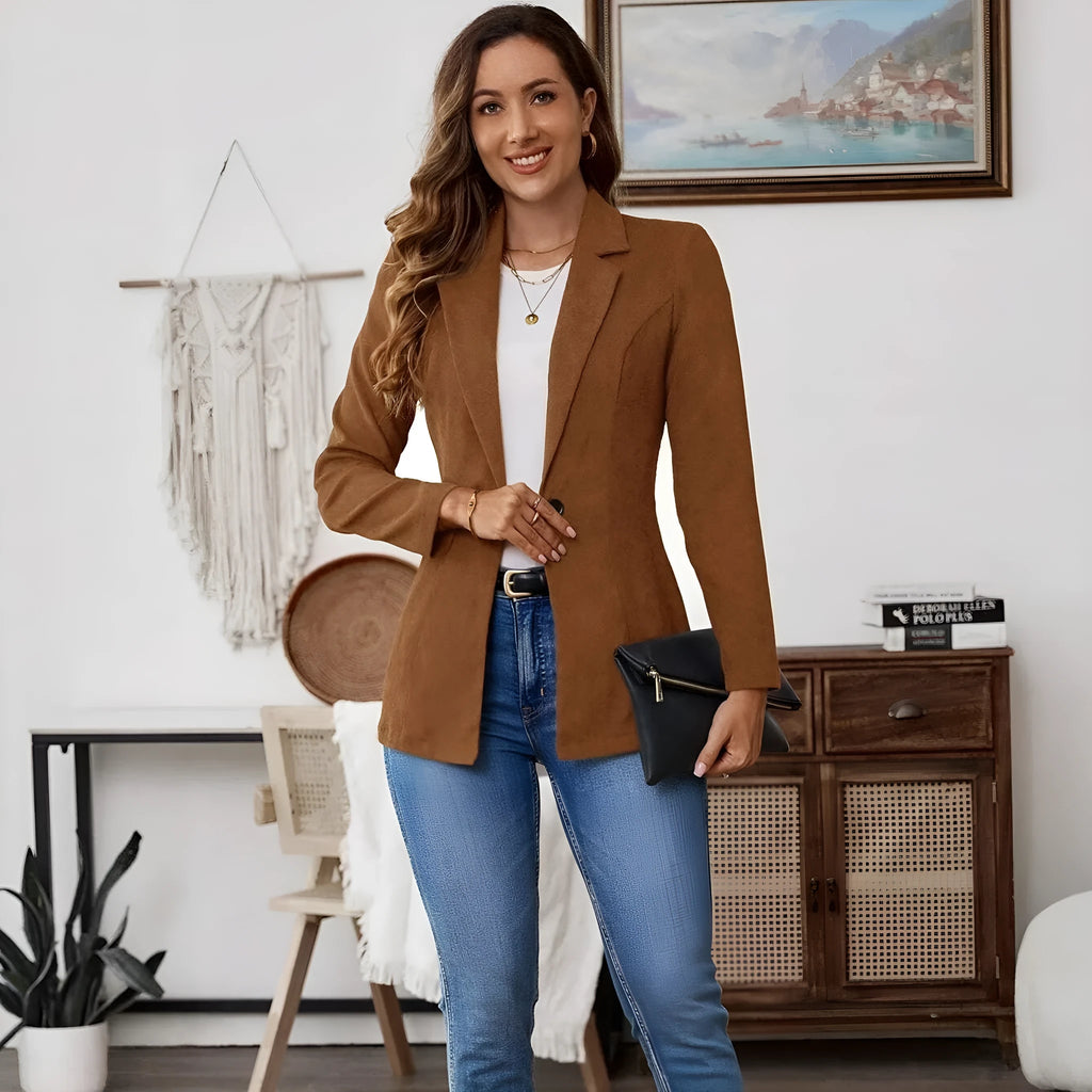 Brown single-breasted leisure suit coat with lapel collar and long sleeves on hanger
