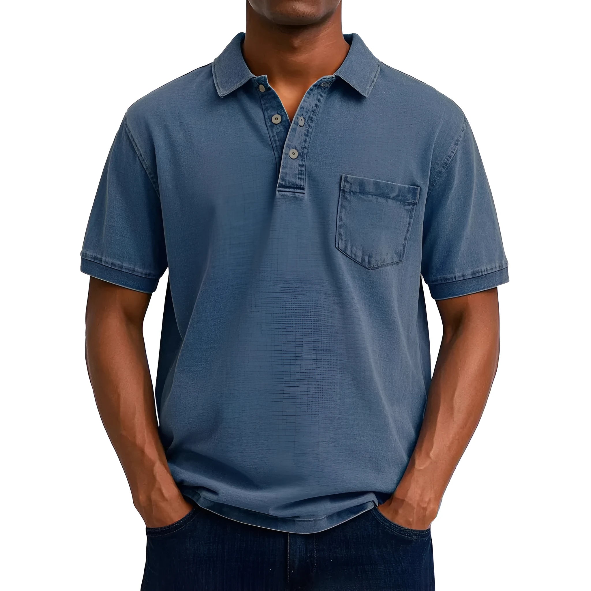 Plus size man modelling a printed short sleeve casual shirt in a loose Korean-style fit.