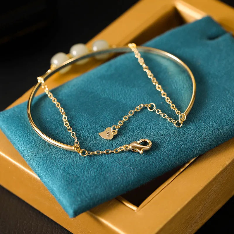 Women's Hetian jade lucky beads bracelet with gold inlay decoration in three bead count versions