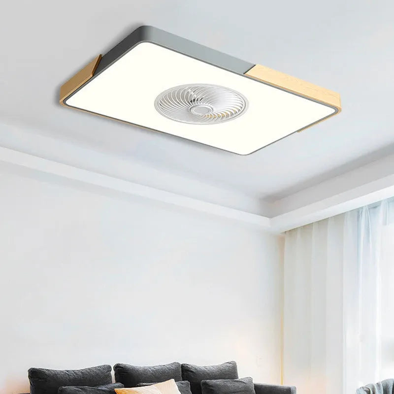 Nordic-style ceiling fan light fixture with a solid wood frame and white PVC lampshade.