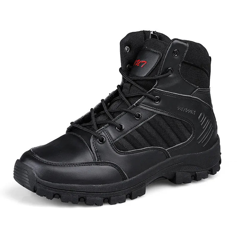 Men's black and camouflage high-top hiking shoes with artificial PU upper and metal eyelets