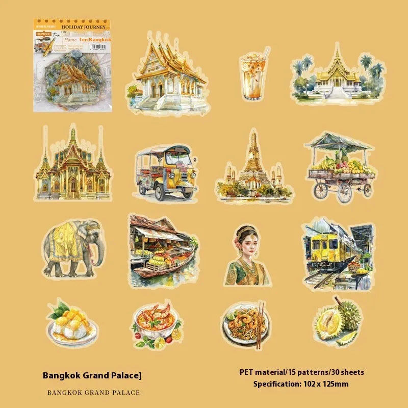 Holiday Journey Series architecture journal stickers showing six retro landmark designs