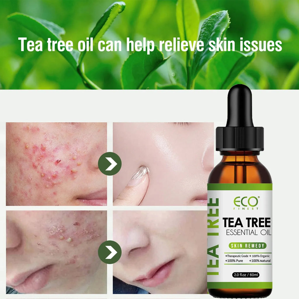 60ml bottle of tea tree essential oil for massage and skincare use.