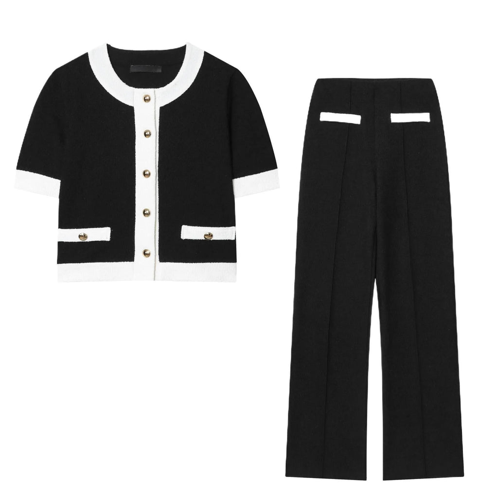 Women's polyester street fashion suit with beaded leather accent top and matching high-waisted trousers