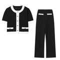 Women's polyester street fashion suit with beaded leather accent top and matching high-waisted trousers