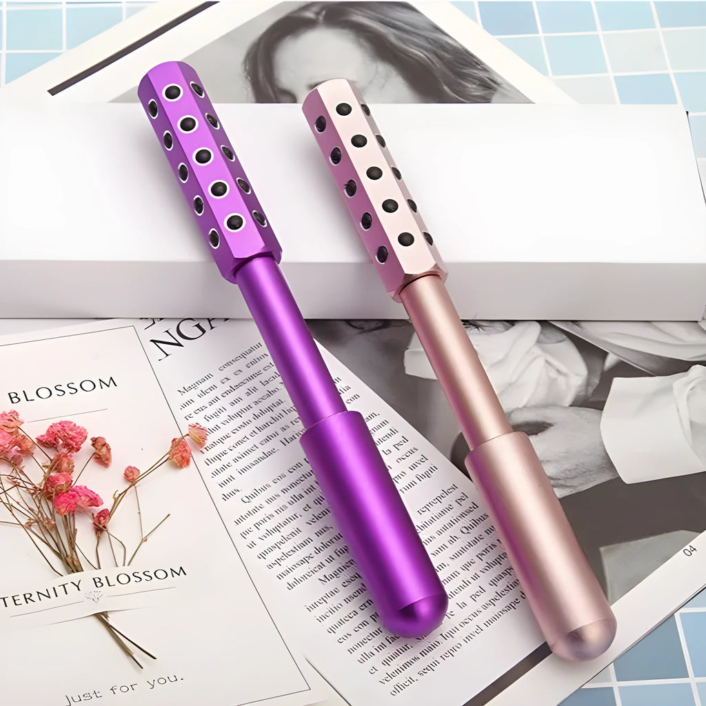 Purple germanium particles facial massage roller with 24 balls and 193mm handle for eye contour treatment