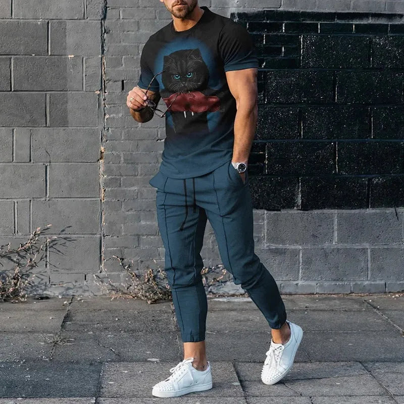 Men's short-sleeved printed pullover and matching trousers set on a neutral background