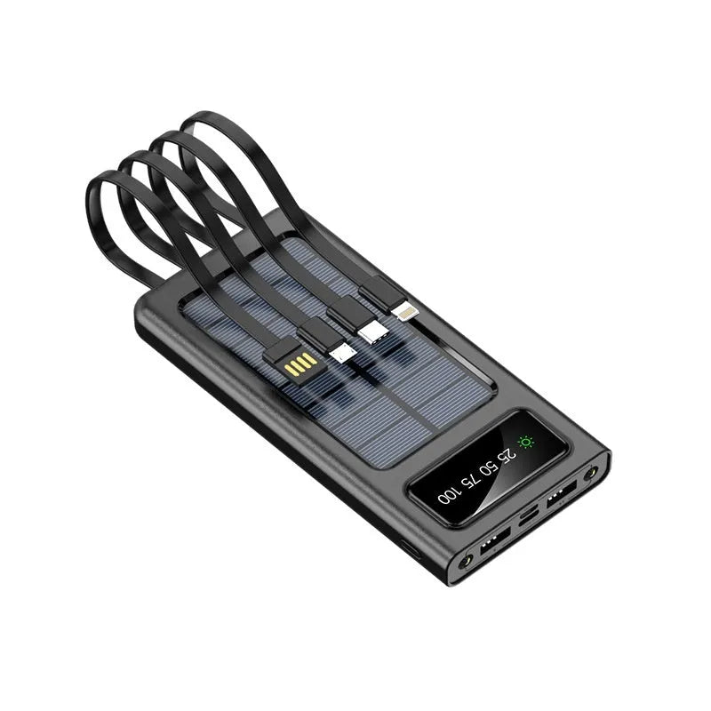 Black and white solar power bank with USB port and 20000mAh capacity for mobile phones