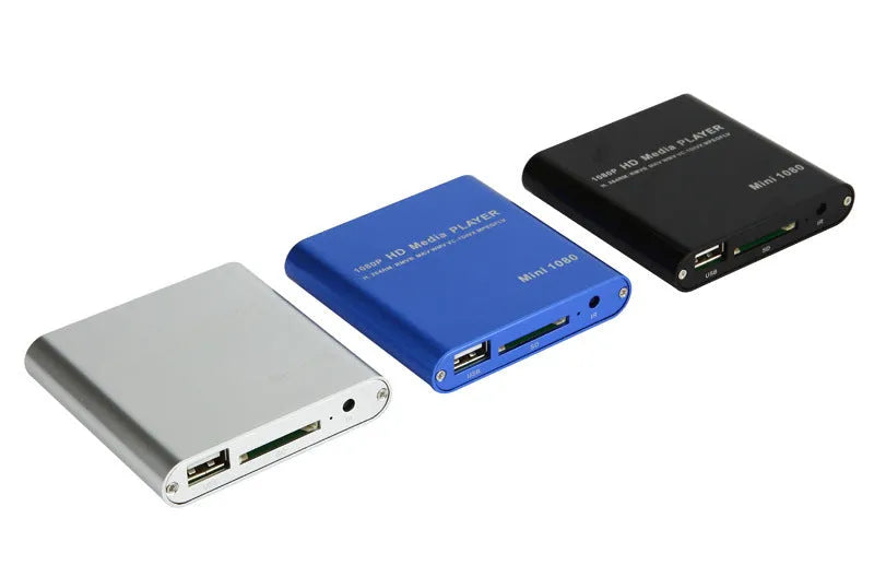 Blue 1080P Full HD media player with HDMI port USB and SD card slots compact metal body