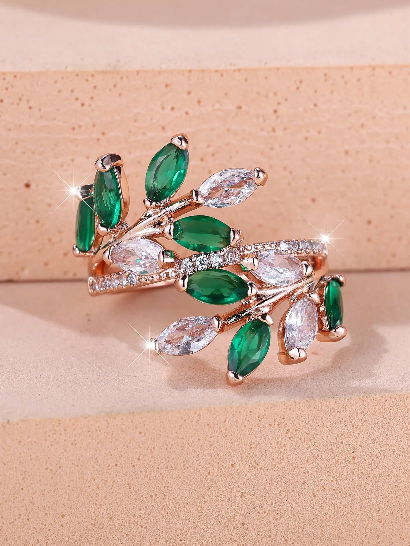 Adjustable copper leaf ring with a horse eye zircon stone in a choice of nine colour finishes.