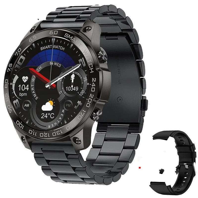 Black Bluetooth smartwatch with round AMOLED screen on a silicone strap, showing fitness stats.