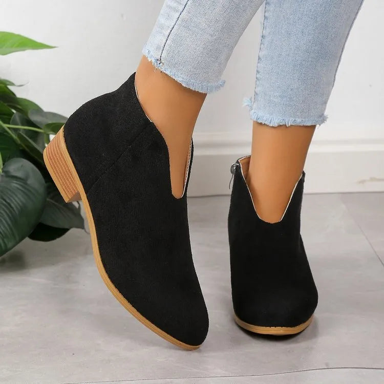 V cut Chelsea women's chunky heel pointed ankle boots in black with side zipper