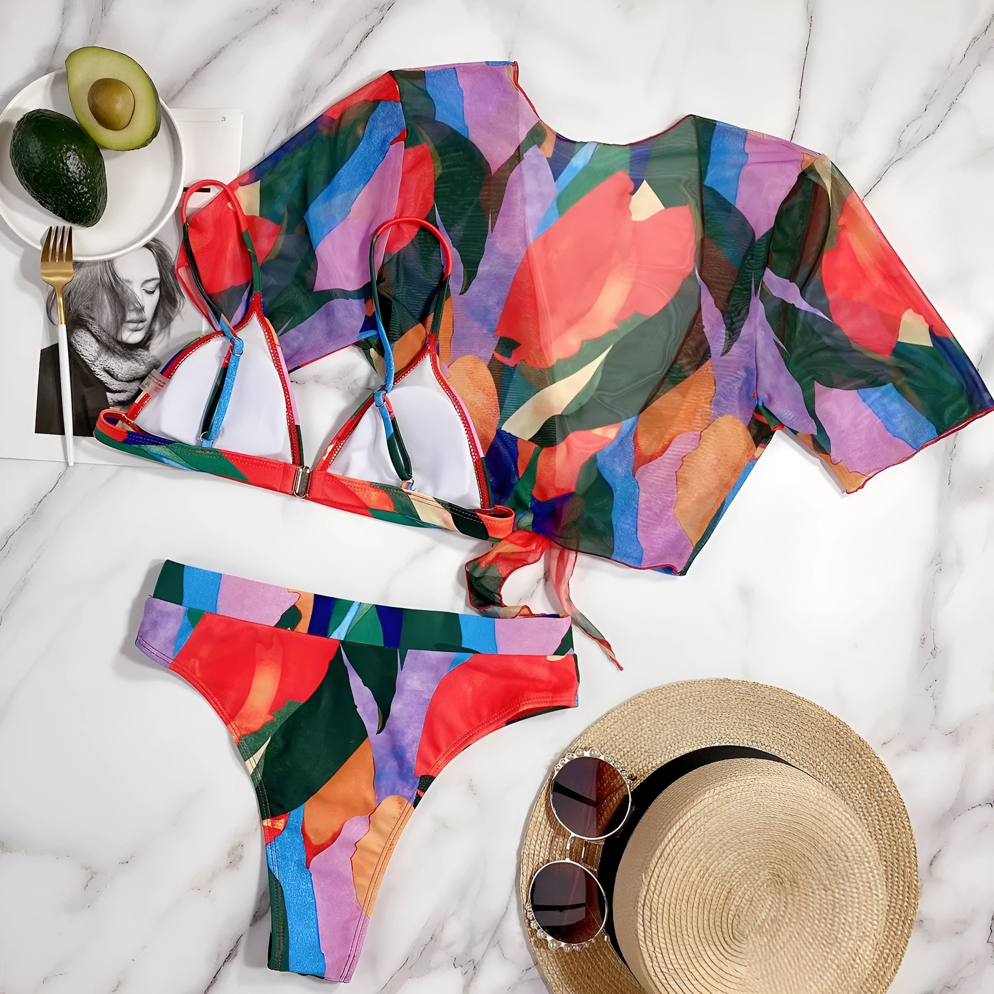 Red women's split swimsuit with printed design for swimming and surfing activities
