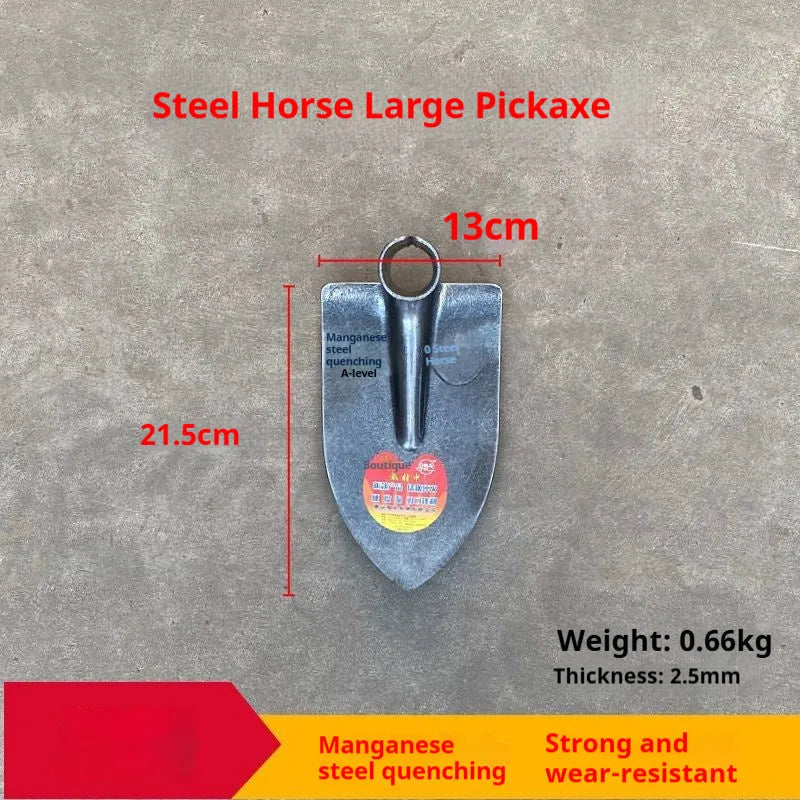 Agricultural flat hoe with a pointed steel horse tip, made from manganese and stainless steel.