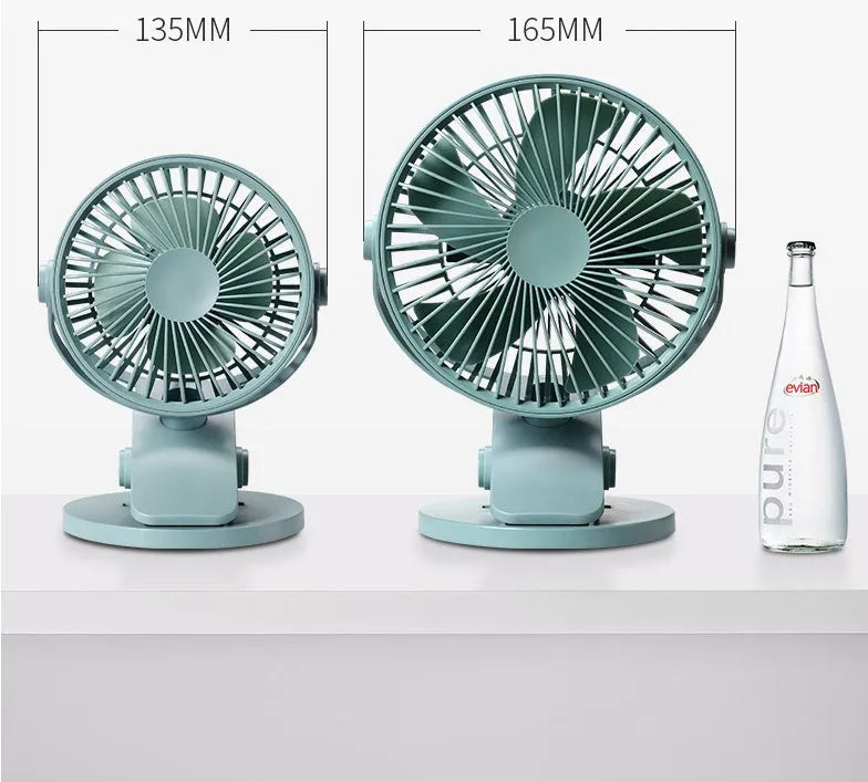USB mini clip fan in white with 165mm fan head clamped onto a desk edge