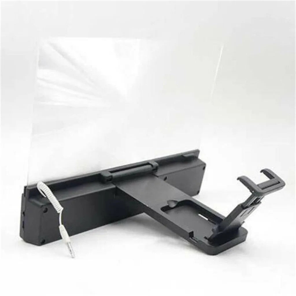 12-inch mobile phone screen amplifier with flexible stand and built-in speaker on a table