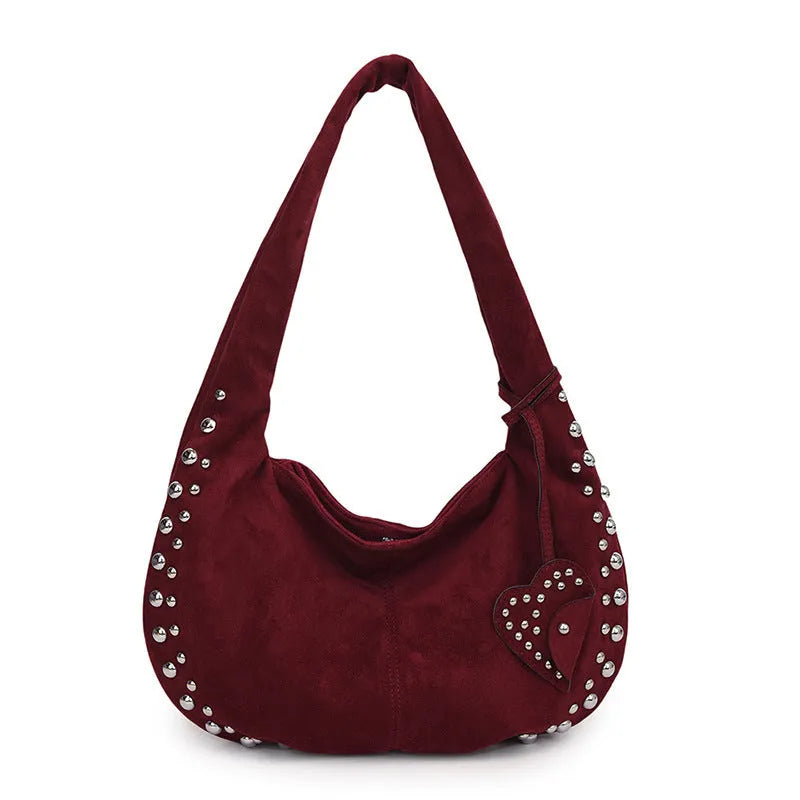 Soft plush casual tote handbag in retro style, shown in a selection of colours including black, brown, green, red, and coffee.