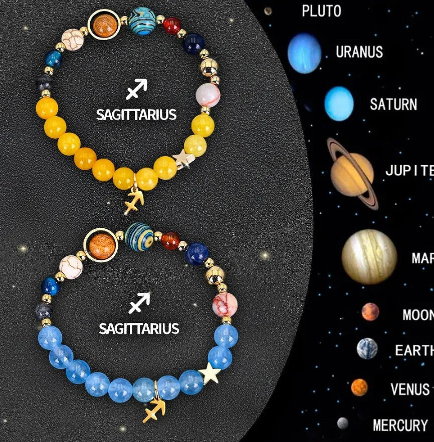 Twelve zodiac sign natural stone beaded bracelet set showing adjustable design and astrological symbols
